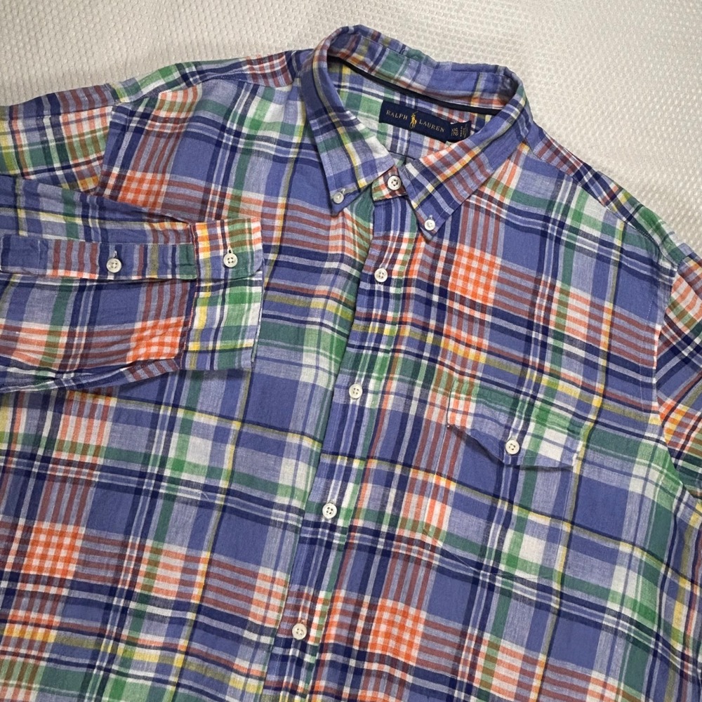 Ralph Lauren Mens XXL Linen Madras Plaid Button Down Shirt Long Sleeve